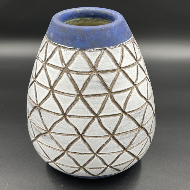 Have You Met Miss Jones Pottery Vase (Blue & White Triangles)