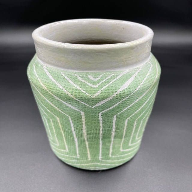 Have You Met Miss Jones Pottery Vase With Green & White Pattern