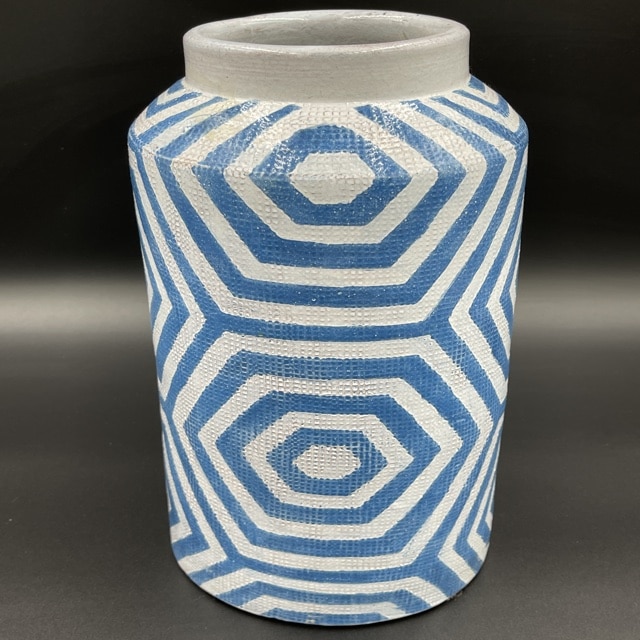 Have You Met Miss Jones Tall Blue & White Patterned Pottery Vase.